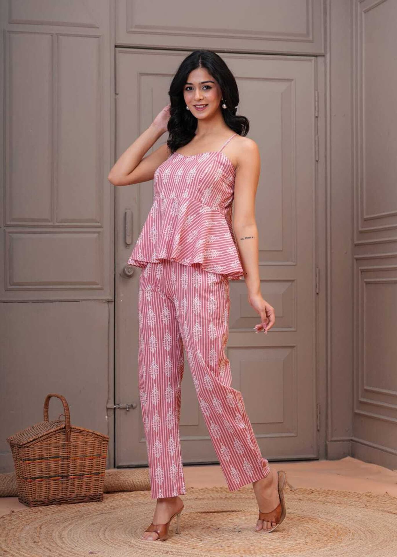 Women Two Piece Dress Pink Ankle Length Dress