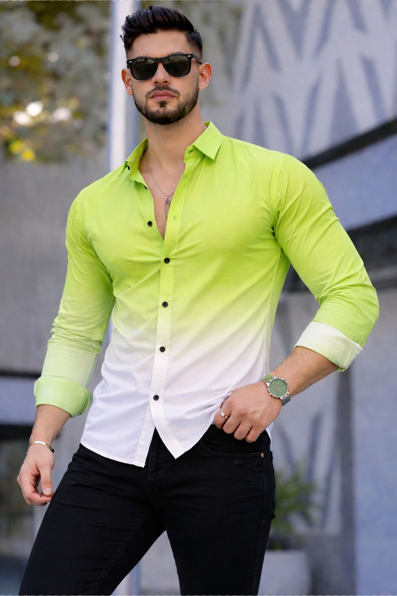 Men Slim Fit Color Block Spread Collar Casual Shirt